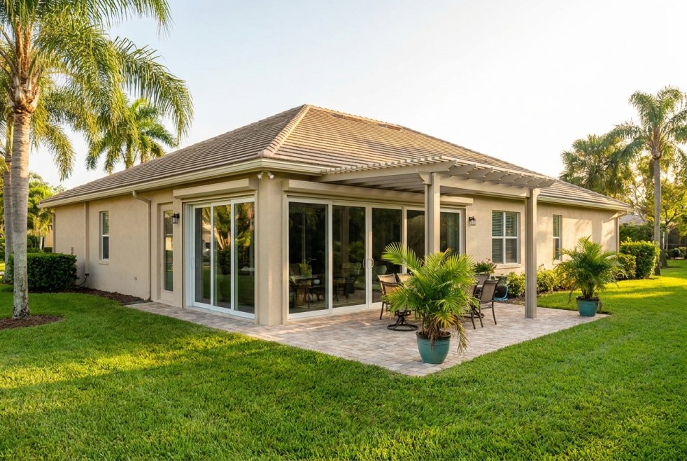 Florida home addition with sliding glass doors, patio seating, and palm trees beside a beige house