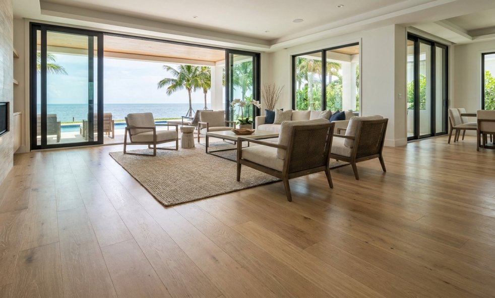 Wide living room with hardwood floors and ocean view in a waterfront Florida home
